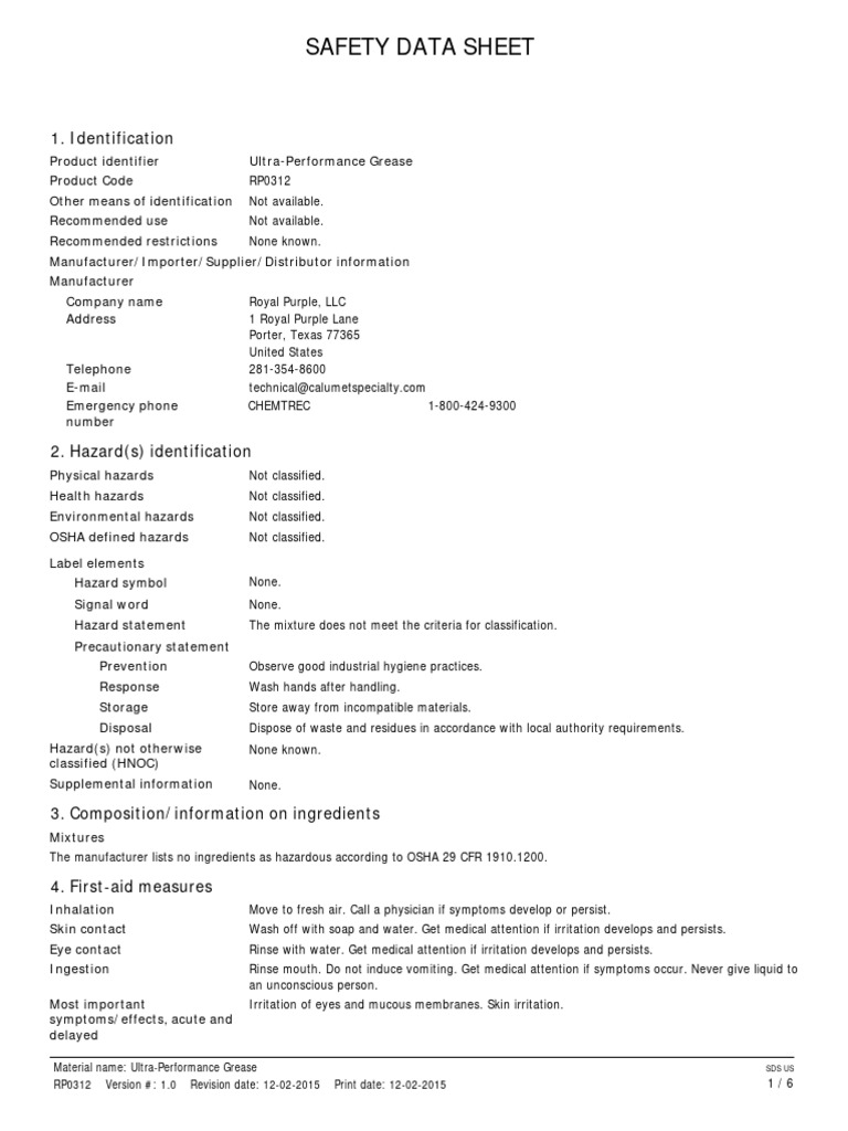 Ultra-Performance Grease Safety Data Sheet | PDF | Dangerous Goods ...