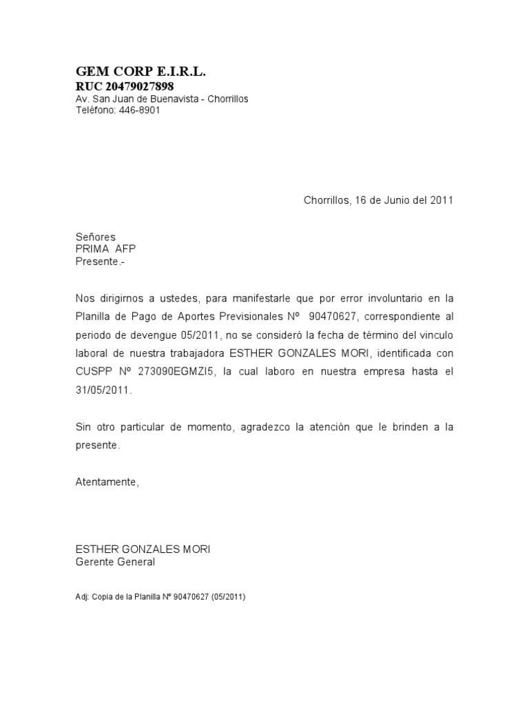 Carta a AFP Dando de Baja a Trabajador