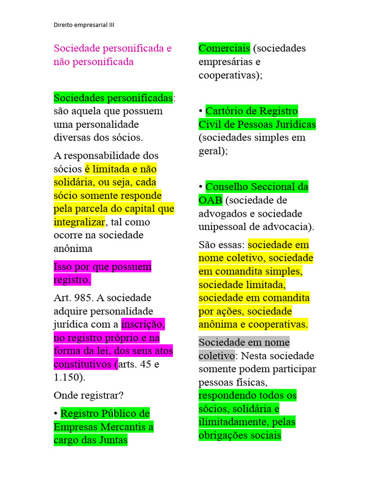 Sociedades Personificadas e Não Personificadas | PDF | Direito Civil ...