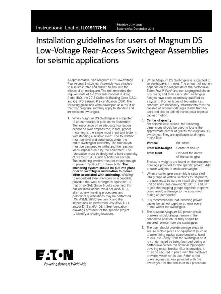 Low Voltage Switchgear Installation Guidelines For Seismic Applications ...