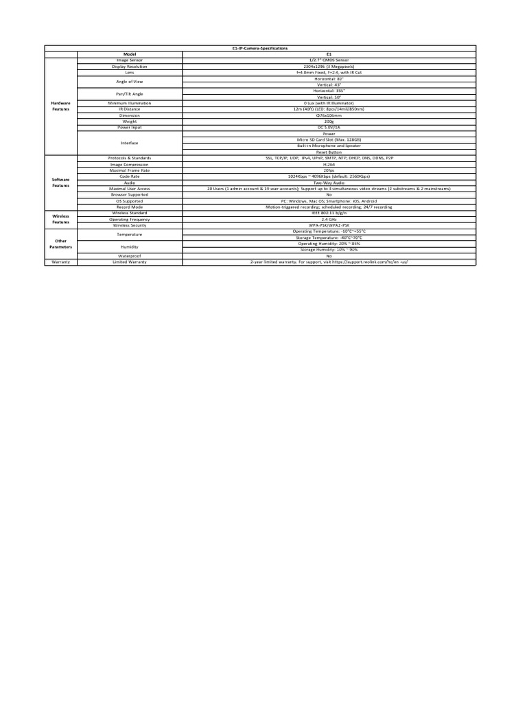 E1 IP Camera Specifications | PDF | Smartphone | Computing