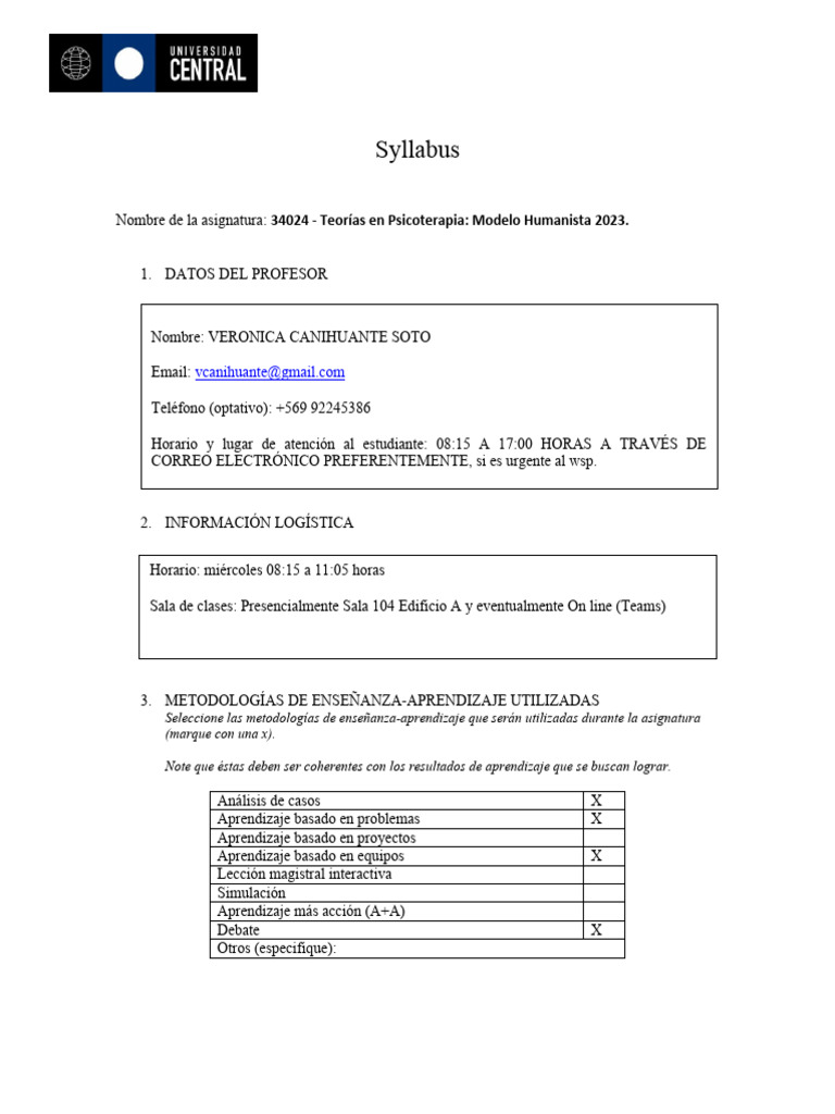 Syllabus UCENTRAL TEORIAS EN PSICOTERAPIA HUMANISTA 2023 PDF 