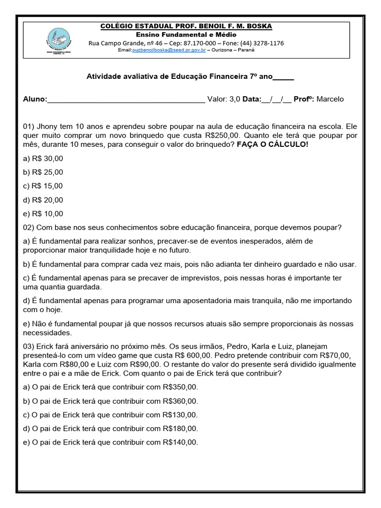 Atividades de Educação Financeira 7º Ano | PDF | Dinheiro | Moeda