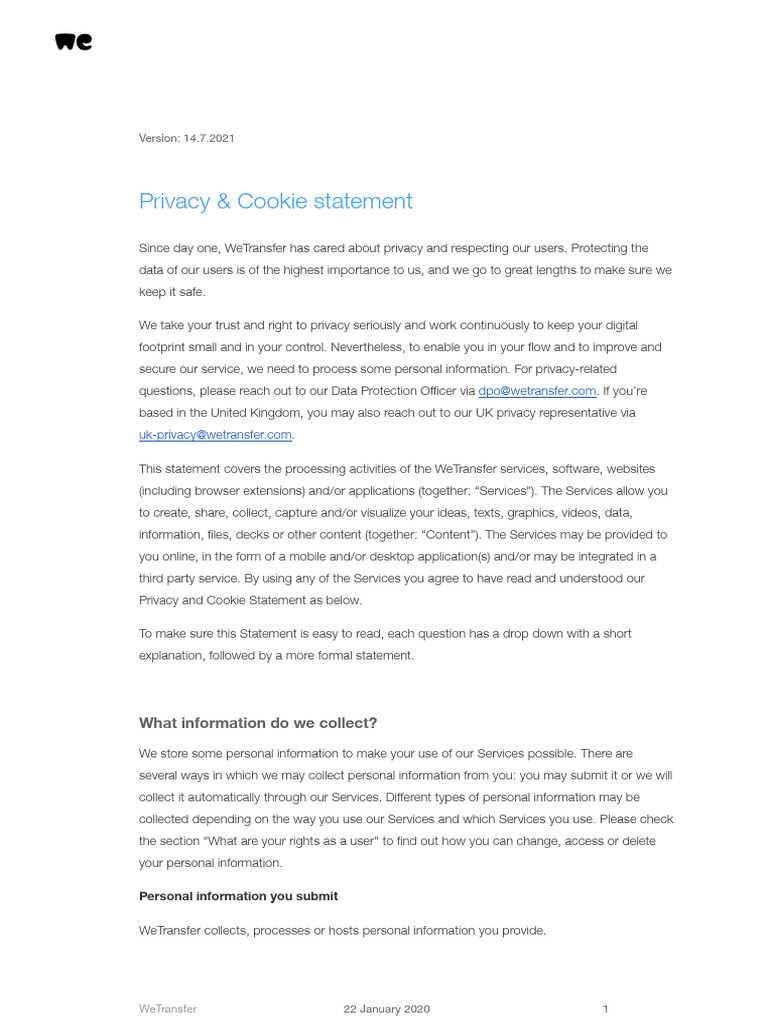WeTransfer Privacy & Cookie Statement | PDF | Http Cookie | Privacy