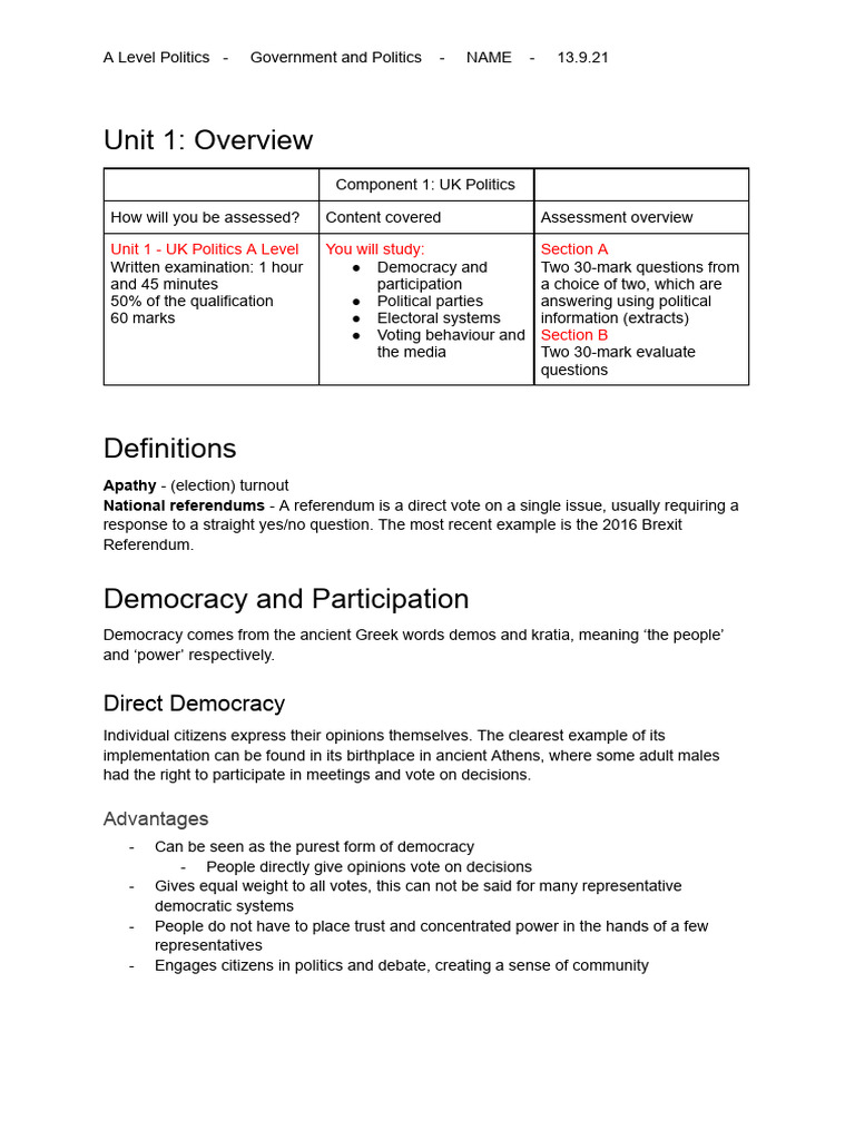 Lesson 1 A Level Politics Government And Politics Pdf Political