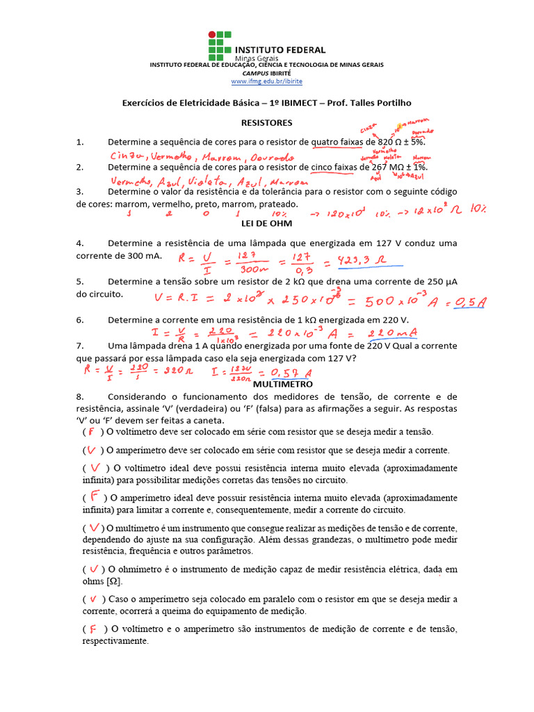 Exercícios de Eletricidade Básica | PDF | Resistor | Circuitos em série ...