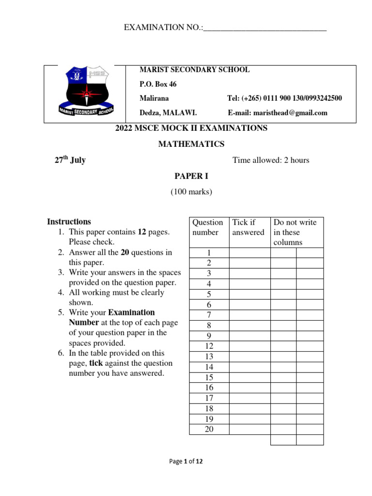 mathematics_paper_1 (1) | PDF | Circle | Mathematics