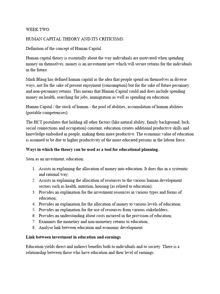 EMP 412 Week 2 HUMAN CAPITAL THEORY AND ITS CRTICISM | PDF | Human
