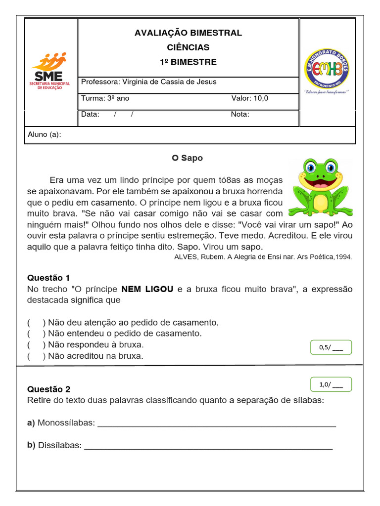 Avaliação Bimestral Lingua Portuguesa | PDF