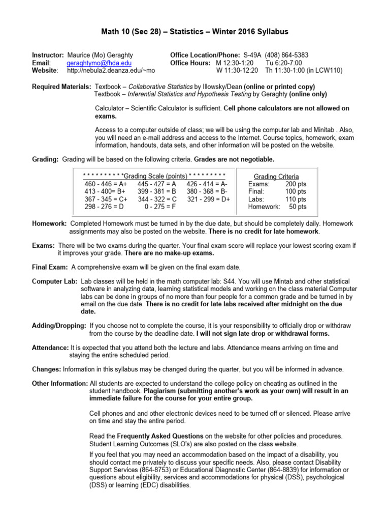 Math 10 Winter 2016 Statistics Syllabus | PDF | Standard Deviation ...