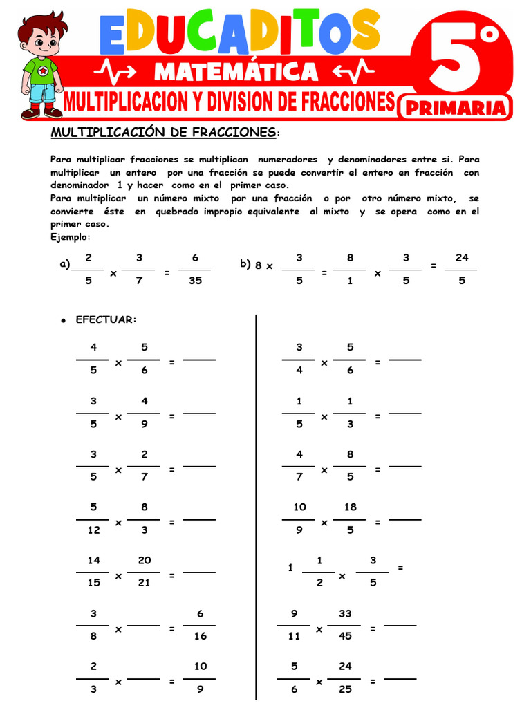 Multiplicacion y Division de Fracciones para Quinto Grado de Primaria | PDF  | Multiplicación | Números, image size:768x1024