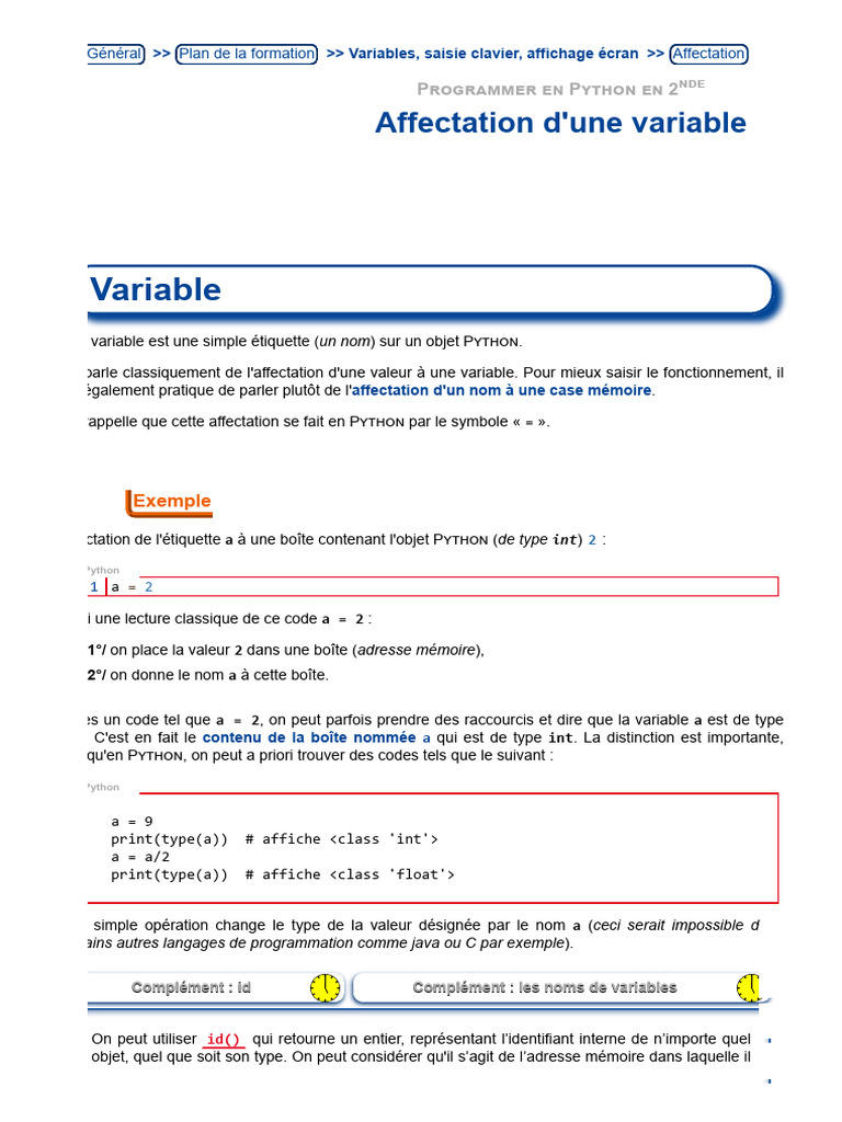 Programmation Python en 2nde : Variables | PDF | Variable (informatique ...