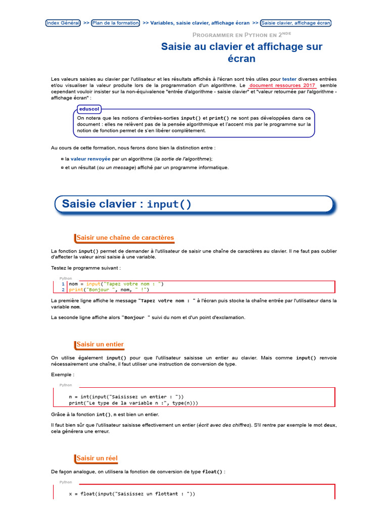 Cours Python : Saisie et Affichage | PDF | Python (Langage de ...