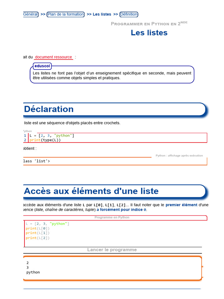 Introduction aux listes en Python 2nde | PDF | Python (Langage de ...