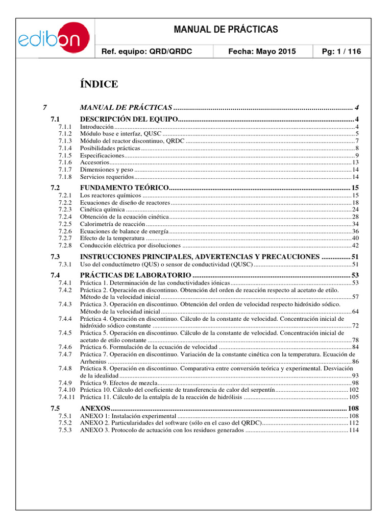 Manual de Prácticas de Reactores QRD/QRDC | PDF | Reactor Quimico ...