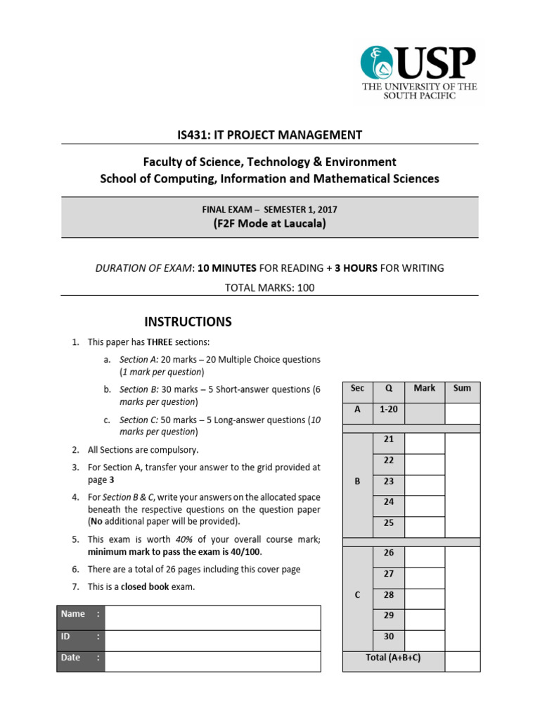 IT Project Management Final Exam 2017 | PDF | Net Present Value ...