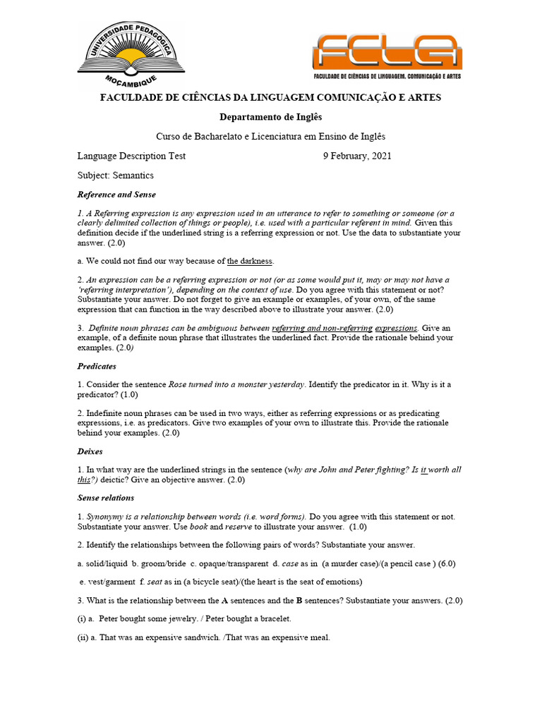 Semantics Test February 21 | PDF | Sentence (Linguistics) | Word