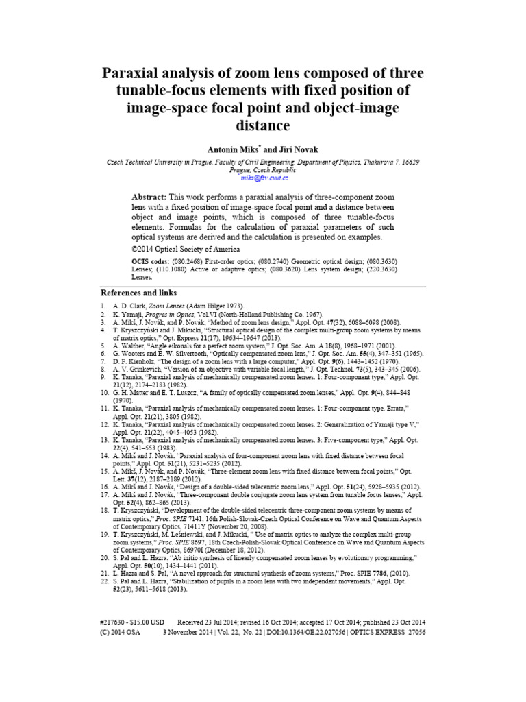 Paraxial Analysis of Zoom Lens Composed of Three T PDF Zoom Lens