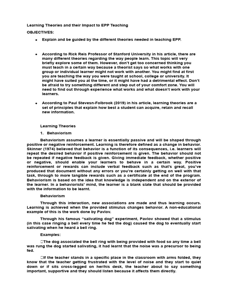 Impact of Learning Theories on EPP Teaching | PDF | Constructivism ...