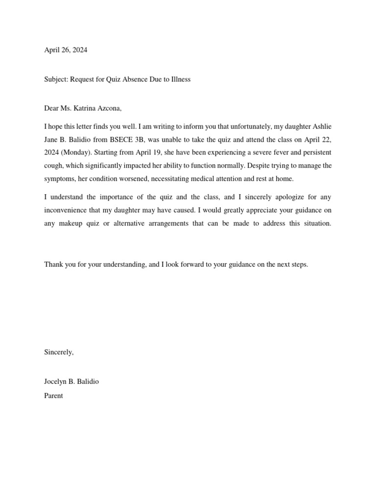 Request for Quiz Absence Due to Illness | PDF