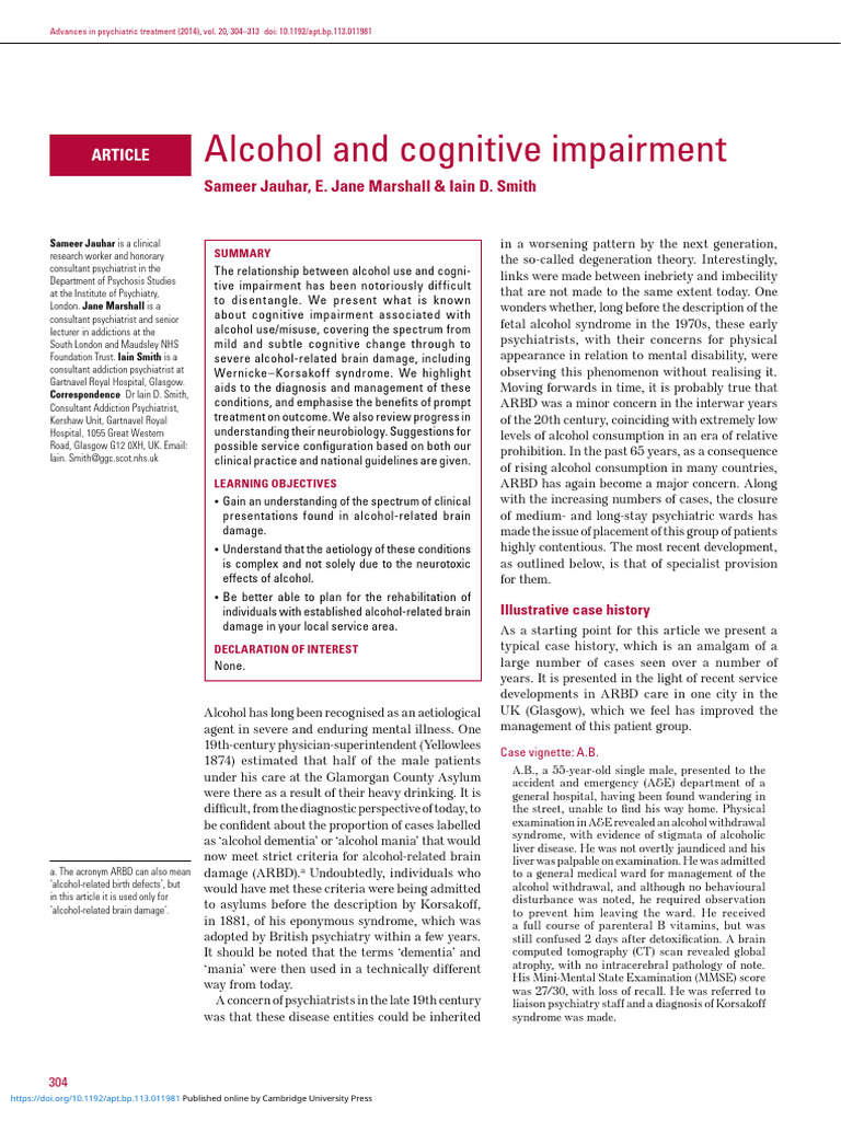 Alcohol Use and Cognitive Impairment | PDF | Alcoholism | Dementia