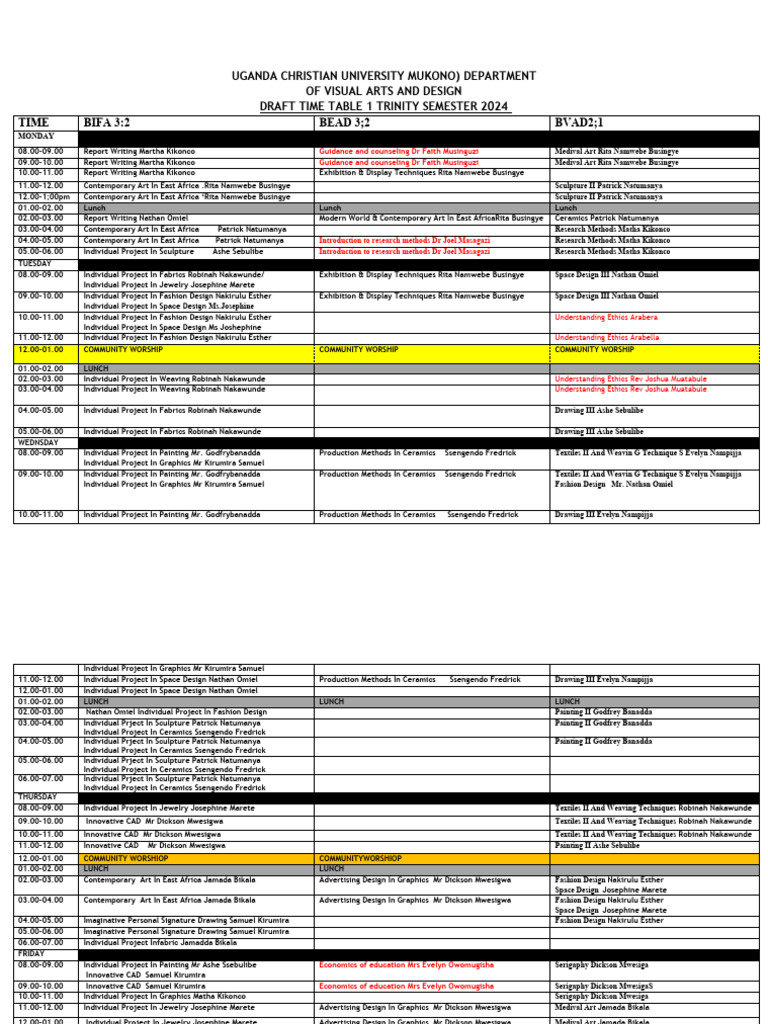 Trinity School Timetable