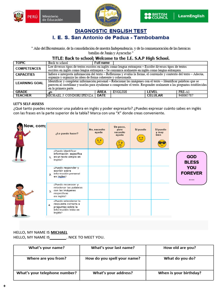 INGLES 4° Evaluación diagnóstica | PDF | Idiomas del Reino Unido