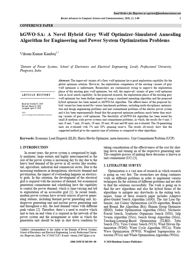 Hybrid Grey Wolf Optimizer for Power Systems | PDF | Mathematical ...