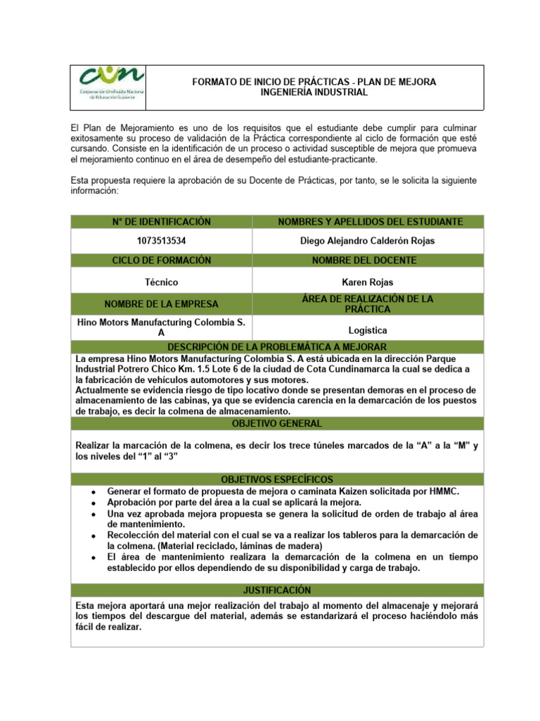 Formato de Inicio de Prácticas - Propuesta Plan de Mejora | PDF ...