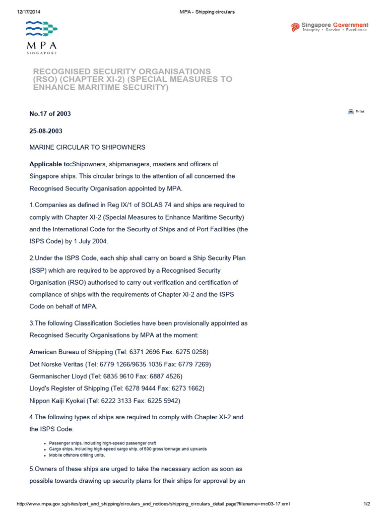 Recognised Security Organisations (Rso) (Chapter Xi 2) (Special