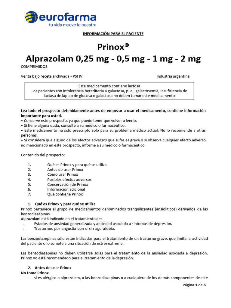 Uso y dosis de Prinox (alprazolam) | PDF | Benzodiazepinas | Ansiedad