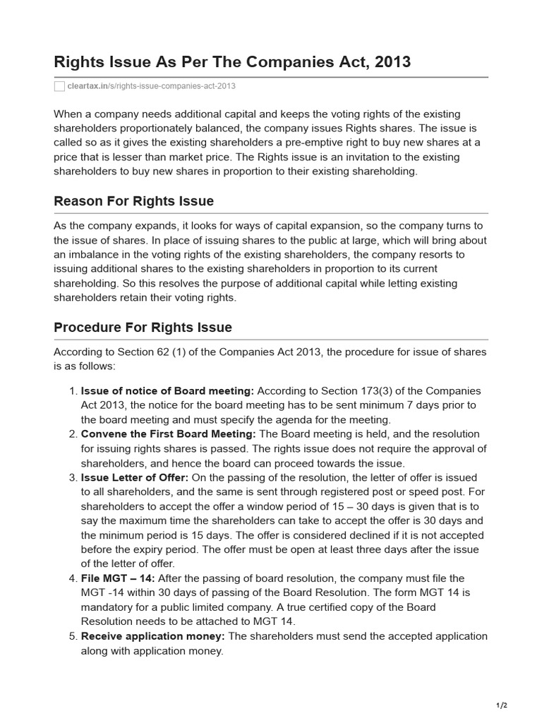 Cleartax In Rights Issue As Per The Companies Act 2013 PDF Share 