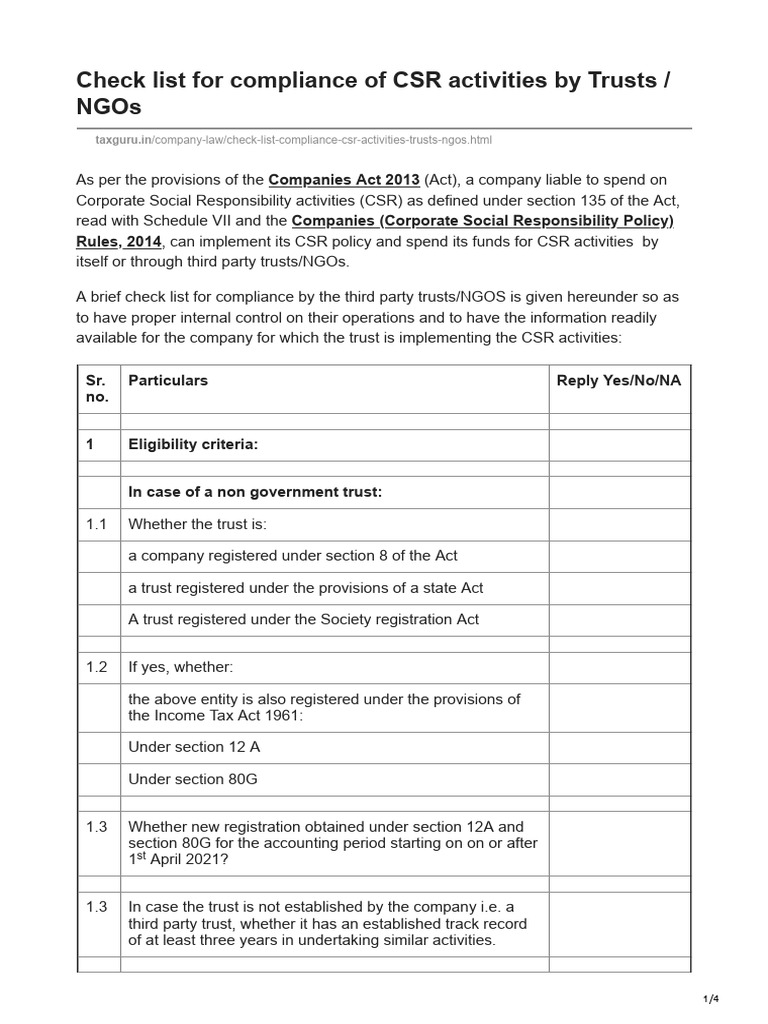 Check list for compliance of CSR activities by Trusts NGOs | PDF ...