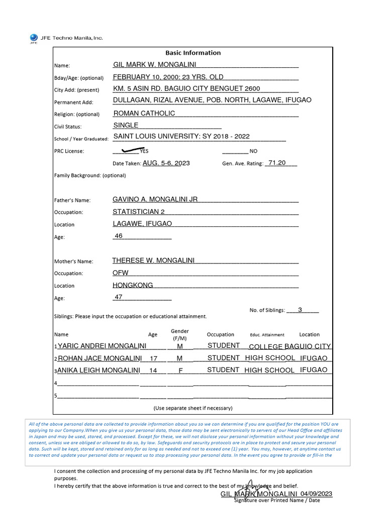 JFE Techno Manila Job Application Form | PDF | Knowledge | Information