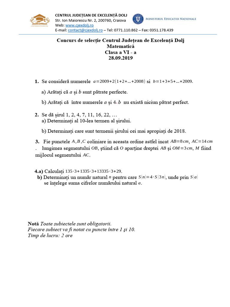 Matematica 6 Subiecte + Barem | PDF