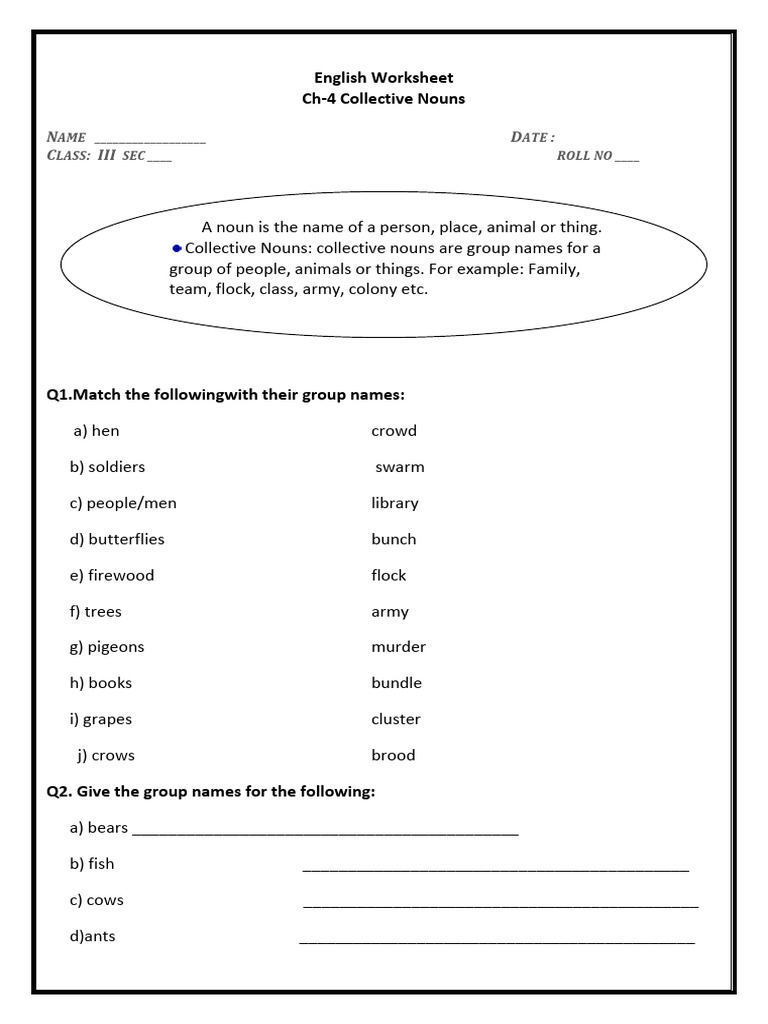 Class 3 English Practice Worksheets (13) - Collective Nouns | PDF | Zoology