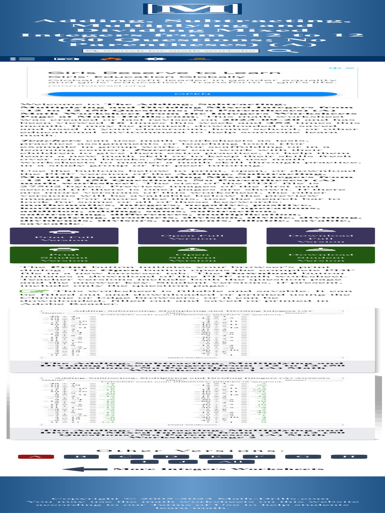 Adding, Subtracting, Multiplying and Dividing Mixed Integers From - 12 ...