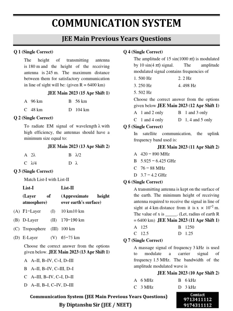 JEE Main Communication System Questions | PDF | Frequency Modulation ...