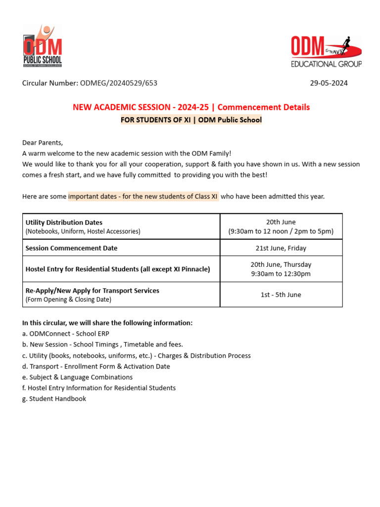 Class XI - OPS - Session 2024-25 - New Session Administrative Circular ...