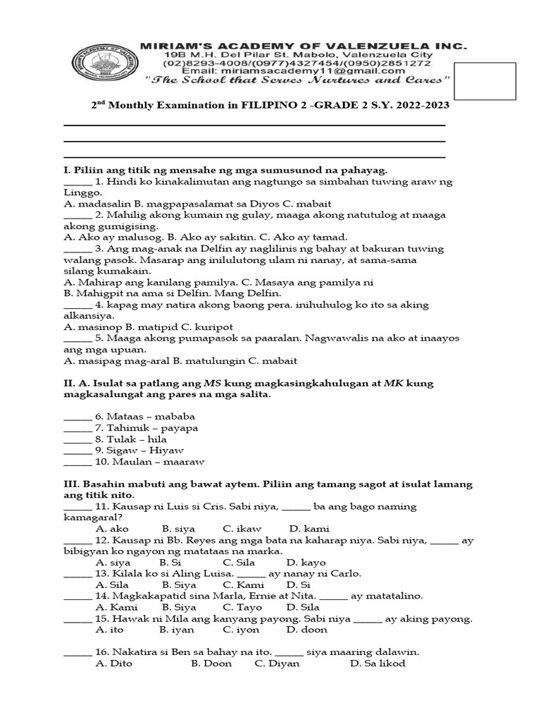 2nd Monthly Examination in FILIPINO 2 | PDF