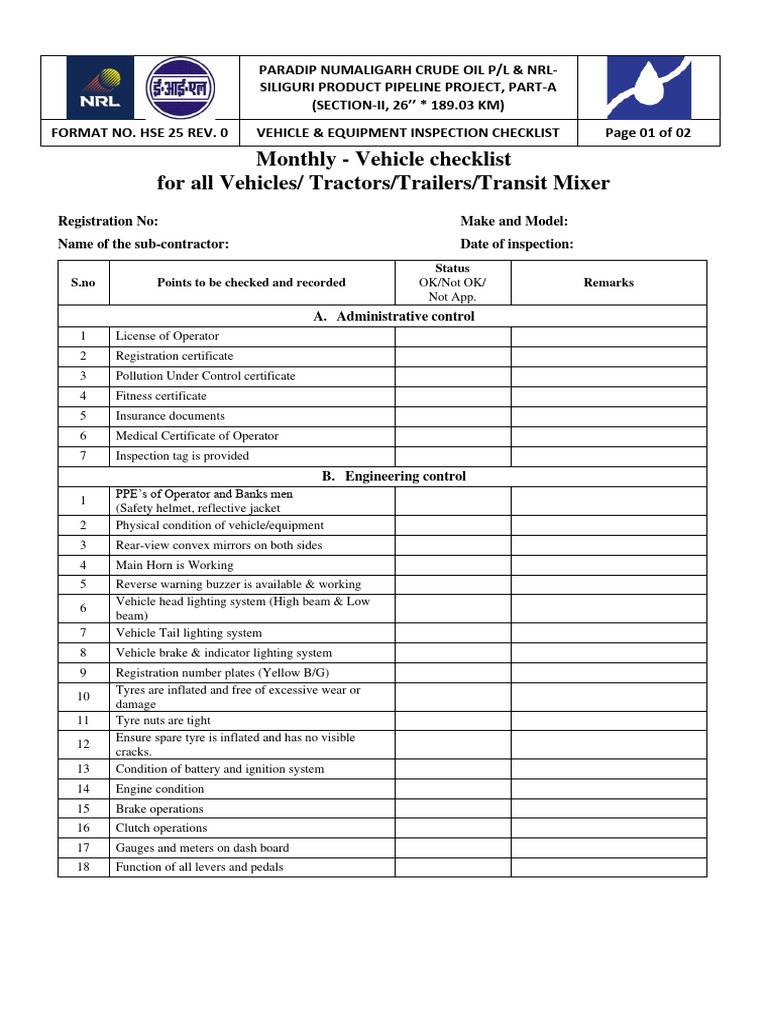 Vehicle & Equipment Inspection Checklist | PDF | Vehicles | Land Vehicles