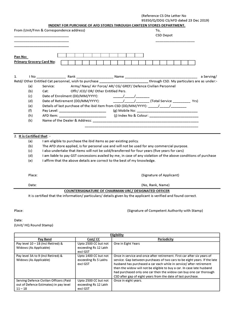 CSD AFD Stores Purchase Application Form | PDF