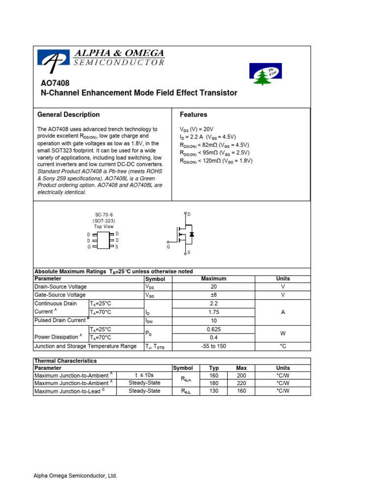 AO7408 N-Channel Enhancement Mode Field Effect Transistor: Features ...