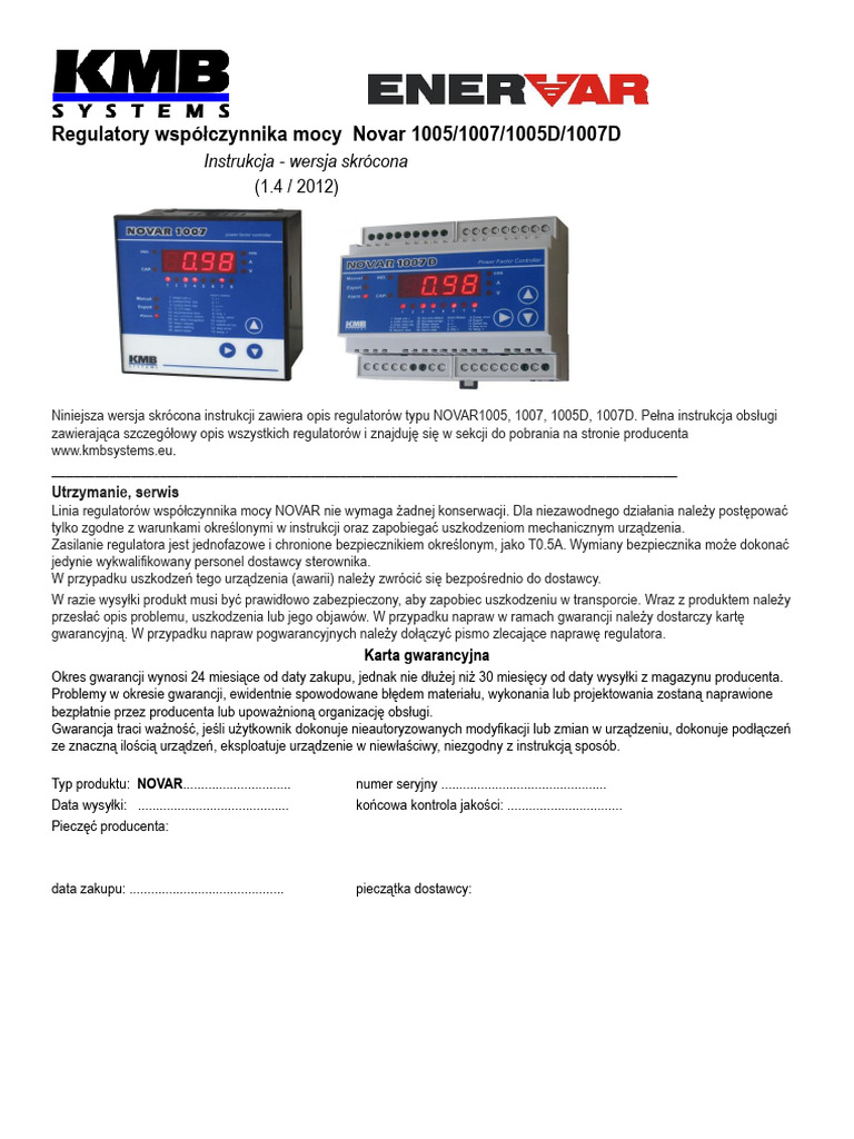 Regulatory Wspolczynnika Mocy Novar10xx Instrukcja Do Baterii-1 | PDF
