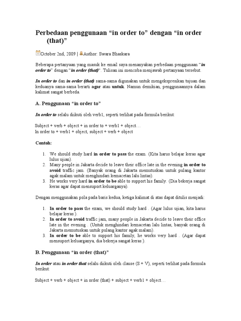 Perbedaan "In Order To" dan "In Order That" | PDF | Kajian Bahasa Asing