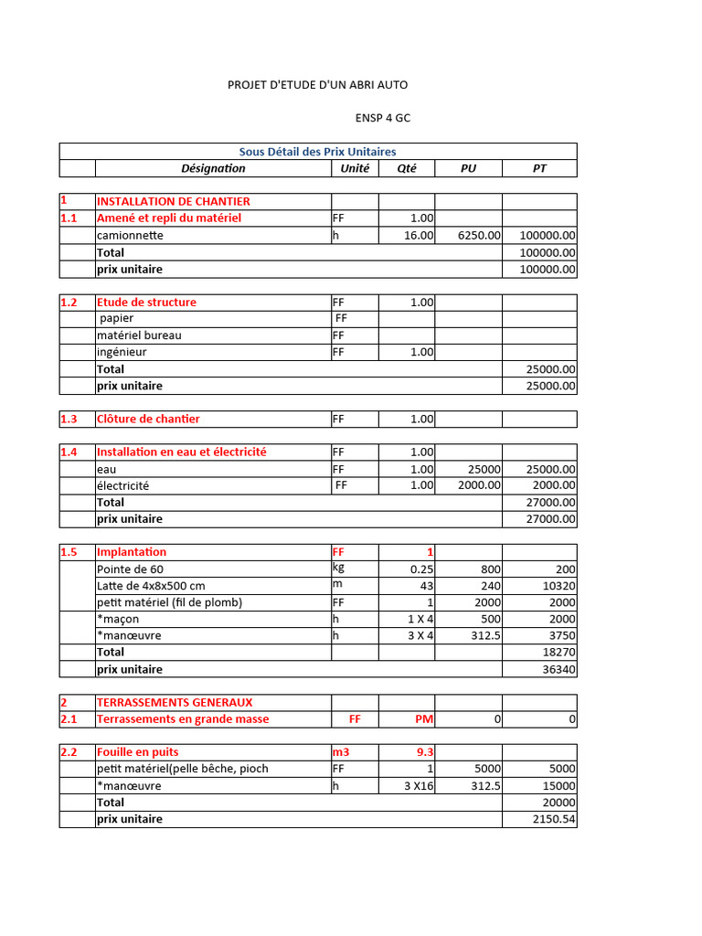 3 Sous Détail Prix Unitaire & Devis Estimatif | PDF | Béton | Matériaux ...