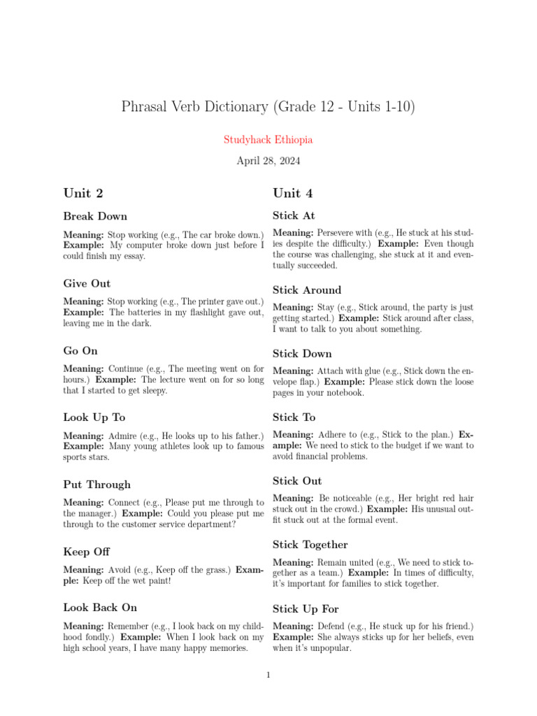 Grade 12 Phrasal Verb Guide | PDF | Language Arts & Discipline | Home ...