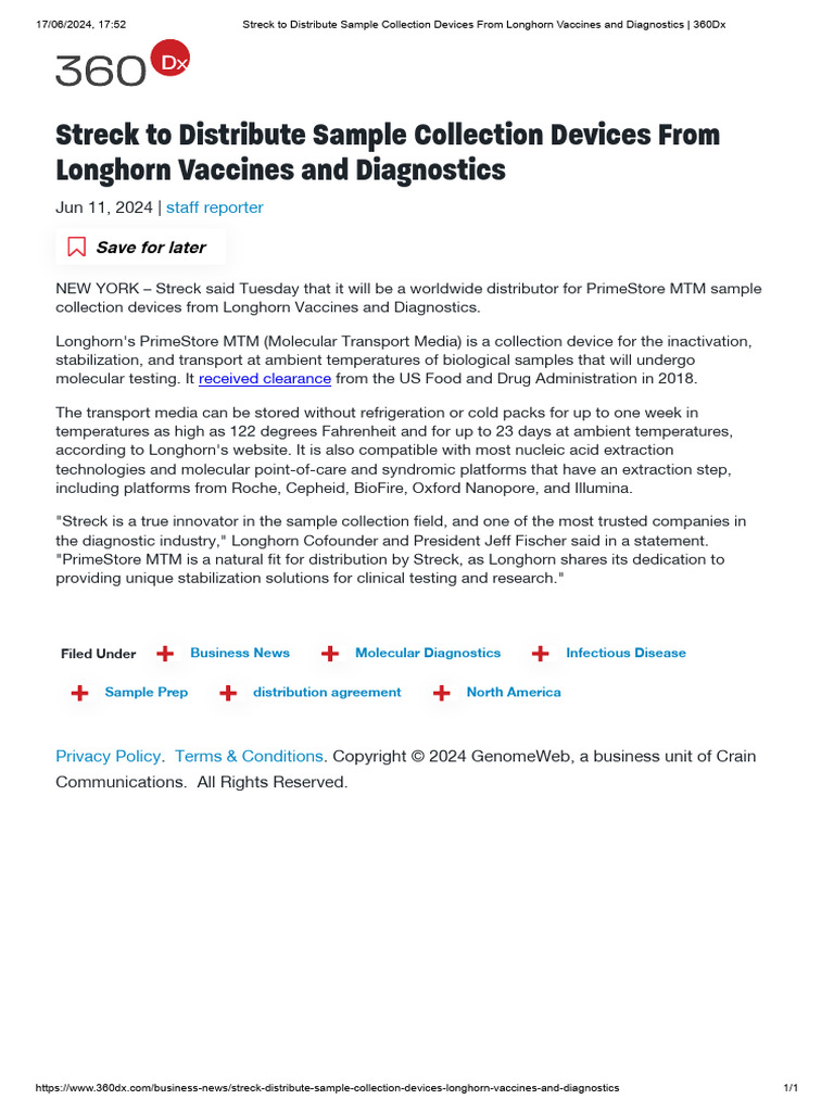 Streck To Distribute Sample Collection Devices From Longhorn Vaccines ...