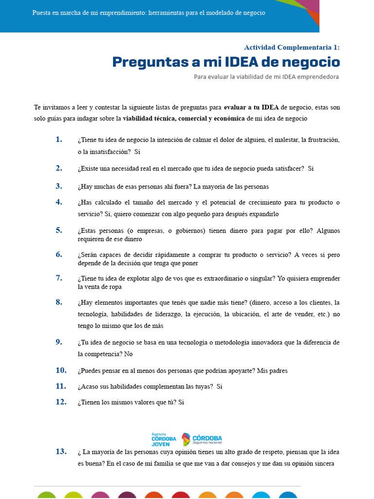 Actividad 1. Preguntas A Mi IDEA de Negocio | PDF | Iniciativa ...