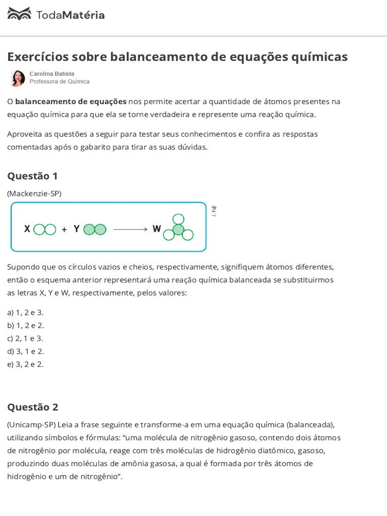 Exercícios de Balanceamento Químico | PDF | Combustão | Estequiometria